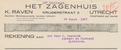 712242 Kop van een nota van Het Zagenhuis, K. Raven, Krugerstraat 2 te Utrecht, ten name van de heer Geerdink Asbest- ...